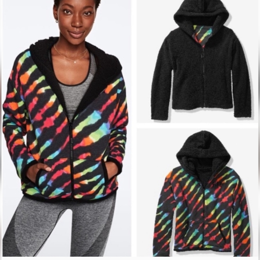 Pink Victoris Secret Reversible Sherpa Tie-Dye Zip-Up Hoodie